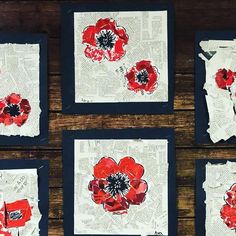 four pieces of paper with red flowers on them