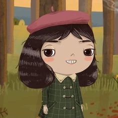 a cartoon girl is standing in the woods