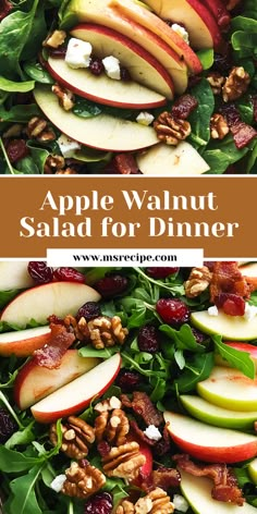 an apple walnut salad with spinach leaves, apples and nuts on top is shown