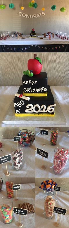 a collage of photos showing different cakes and candies on display at a graduation party