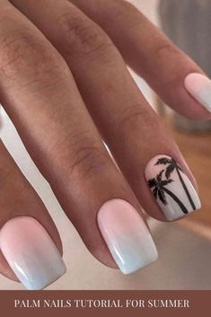 Nails Acrylic Korean, Short Nail Designs Valentines, Korean Nails Short, Nail Art Tropical, Nails Palm, Nails Tropical, Palm Nails, Cruise Nails, Palm Tree Nails