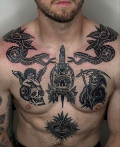 a man with many tattoos on his chest