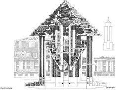 a black and white drawing of a building with lots of different types of architecture on it