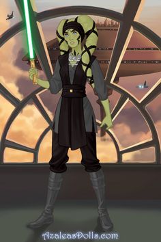 an animated star wars character holding a green light saber