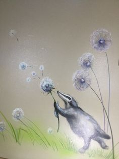 a painting of a penguin with dandelions in its mouth, on a wall