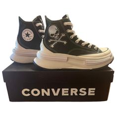 Like New With Box Converse Unisex Run Star Legacy Cx High Top Skull Sneakers, Black - Worn Once. Size Eu 39, Cm 24.5, Men's 6.5, Women's 8. . Salty, They Have A Converse Logo On Inner Side With Skull And Crossbones On The Outer Side - Wicked, Dope, Sick, Bad Ass.. Converse's Most Comfortable Phat Wicked Chunky Platform Style With Ortholite Sole, Feels Like You're Walking On Clouds. Dolls Kill, Rick Owens, Killstar, Demonia, Nyc Tripp, Morbid Threads, Pirate, Skeleton, Poison, Killstar, Hottopic, Skull Print Lace-up Sneakers For Streetwear, White Punk Style Low-top Sneakers, Streetwear Lace-up Sneakers With Skull Print, Streetwear Skull Print Lace-up Sneakers, Goth Sneakers, Fire Shoes, Pirate Skeleton, Converse Logo, Indie Clothing