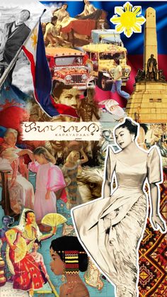 the collage has many different pictures and words on it, including an image of a woman in a white dress