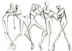 three sketches of women in high heels and tights, one with her hands on her hips