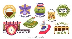 the logos for costa rica are shown here in this graphic art work, which includes an image of a woman with a hat and other items