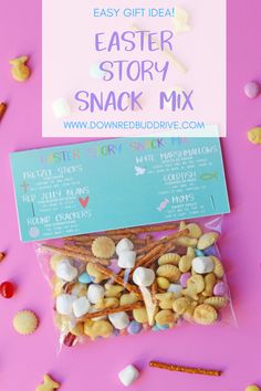 an easter story snack mix with marshmallows and pretzels