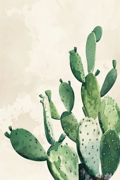 a painting of a green cactus on a white background