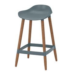 a blue stool with wooden legs and an upholstered seat on the backrest