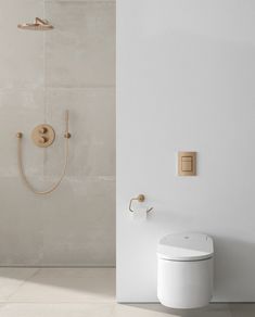 a white toilet sitting next to a wall mounted shower faucet in a bathroom