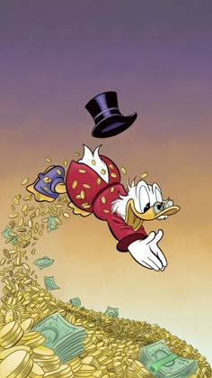 donald the duck flying over money with a top hat on