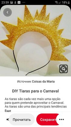 an image of a gold crown on top of a white sheet with the words diy tias para o carnaval