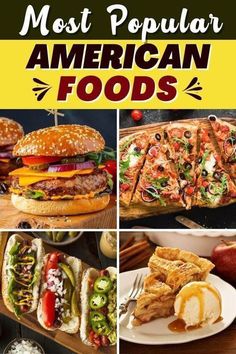 the most popular american foods are on display in this collage, including burgers and sides