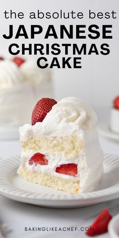 A single slice of Japanese Christmas cake on a dessert plate. Japanese Strawberry Shortcake, Traditional Christmas Dessert Recipes, Japanese Christmas Cake, Genoise Sponge, Cream And Strawberries, Japanese Dessert Recipes, Japanese Christmas, Christmas Bread, Strawberry Shortcake Recipes