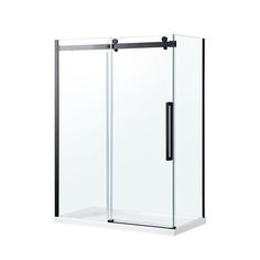 an image of a glass shower door on a white background with black trimmings