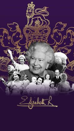 the queen elizabeth ii is surrounded by her royal family and their crests on purple background