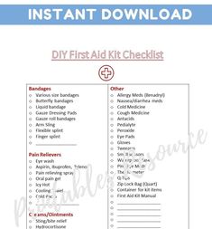 Are you looking to create your own DIY First Aid Kit? This printable checklist will help you create just what you need by including a comprehensive list of items you should have in your First Aid Box to be prepared for the unexpected. * THIS IS A DIGITAL DOWNLOAD. * Print the checklist on 8.5 x 11 paper. Since this is a digital download, no refunds are available. Please let me know if you have any issues with the file.  Download your file under PURCHASES & REVIEWS. It is best to not download the College First Aid Kit, Diy Emergency Kit, First Aid Kit Checklist, Emergency Medical Kit, Diy First Aid Kit, Emergency Binder, Night Shift Nurse, Printable Checklist, First Aid Supplies