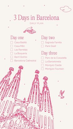 the 3 days in barcelona travel checklist is shown with pink ink on white paper