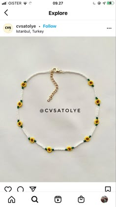 a white bracelet with yellow and green flowers on it, in the middle of an instagram page