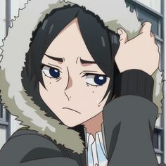 an anime character with dark hair and blue eyes wearing a black jacket, standing in front of a building