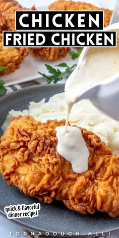 chicken fried chicken on a plate with mashed potatoes and gravy being drizzled over it