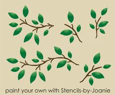 the words paint your own with stencils - by - person are shown in green leaves