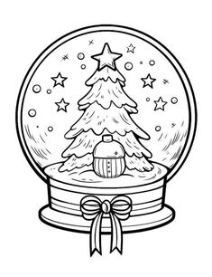 a snow globe with a christmas tree inside and stars on the top in black and white