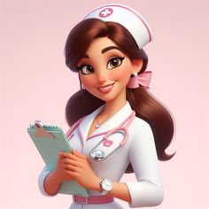 a cartoon nurse is holding a clipboard and smiling at the camera while standing in front of a pink background