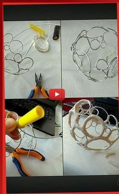 four pictures showing the process of making wire bracelets with scissors and pliers on white fabric