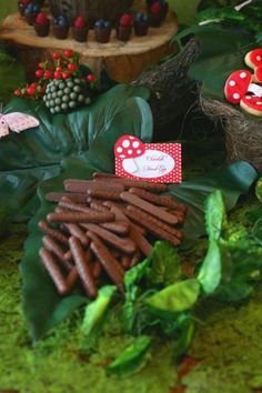 a close up of food on a table with plants and trees in the back ground