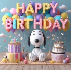 a dog sitting in front of a birthday cake with balloons and confetti on it