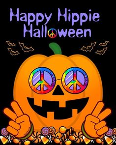 a happy pumpkin with peace signs on it's face and the words happy hippie halloween