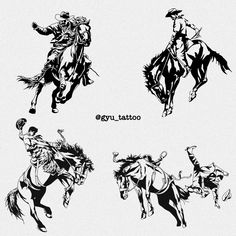 four black and white images of cowboys on horses, one cowboy riding the horse while the other is running