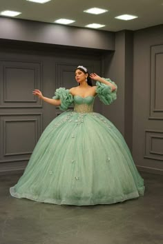 Sage Green Quince Dress, Ball Gown Ideas, Pastel Sage Green, Quinceanera Stuff