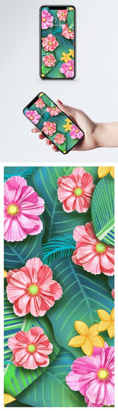 an image of flowers and leaves on a phone screen with the same background as it is being