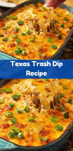 two photos of a casserole dish with green onions and cheese being lifted from the casserole