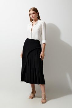 Chic Midi Skirt For Semi-formal Occasions, Elegant High Waist Belted Skirt, Chic Belted Skirt, Chic High Waist Belted Skirt, Black Belted Skirt For Work, Chic Asymmetrical Pleated Lined Skirt, Formal Midi Pleated Skirt, Elegant Midi Skirt With Belt, Formal Midi Length Pleated Skirt