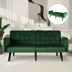 a green couch sitting on top of a white floor next to a potted plant