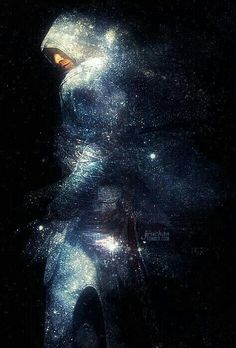 a man in the dark with his face covered by stars