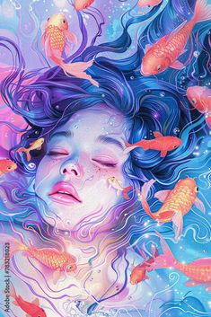 a painting of a woman with her head in the water surrounded by goldfishs