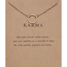 Gold tone Karma necklace is simple, yet elegant. Easily worn with any outfit: work, casual, fancy. Used as a reminder to stay positive and good will come back to you. Comfortable necklace with a powerful message. Wear it yourself or give to a loved one. Details: Approx. pendant size: Approx. 1/2" Approx. chain Length: Approx. 16" with lobster clasp Outfit Work Casual, Dream Catcher Necklace, Karma Necklace, Outfit Work, Bad Dreams, American Culture, Native American Culture, Stay Positive, Dream Catchers