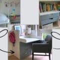 a collage of photos showing the inside of a room with furniture and bookshelves