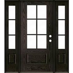 the front door is black and has two glass panels on each side, with one side panel