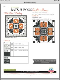 the pattern for bats and boos quilting is shown in orange, black and white