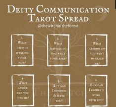 a brown poster with white writing that says, diety communication tarot spread