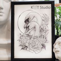 a black and white drawing of a swan surrounded by flowers in front of a statue