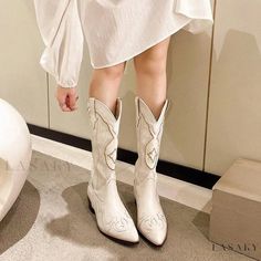 Lasaky - Western Style Embroidered Cowgirl Boots: Knee-High, Pointed Toe, Chunky Heel, Over-the-Knee Riding Boots Cowboy Boots For Women, Botas Western, Platform Boots Women, White Cowboy Boots, Western Shoes, Pu Boots, Beige Heels, Pointed Toe Boots, Chunky High Heels